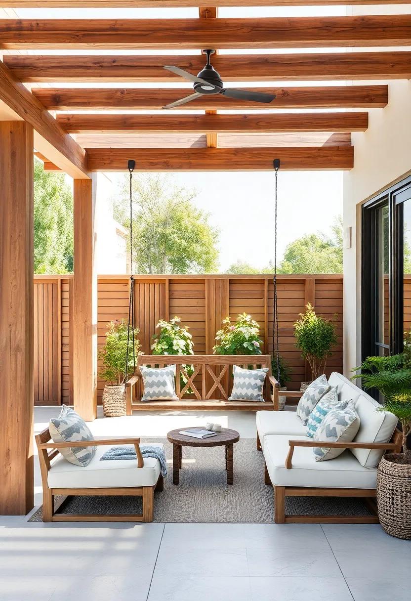 Swing into Comfort: Hang a wooden swing seat from sturdy overhead beams or trees,providing a playful yet comforting spot for relaxation