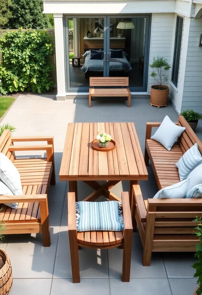 Transformative Tables: Combine wooden seating with a central wooden table, creating a cohesive look perfect for dining al fresco