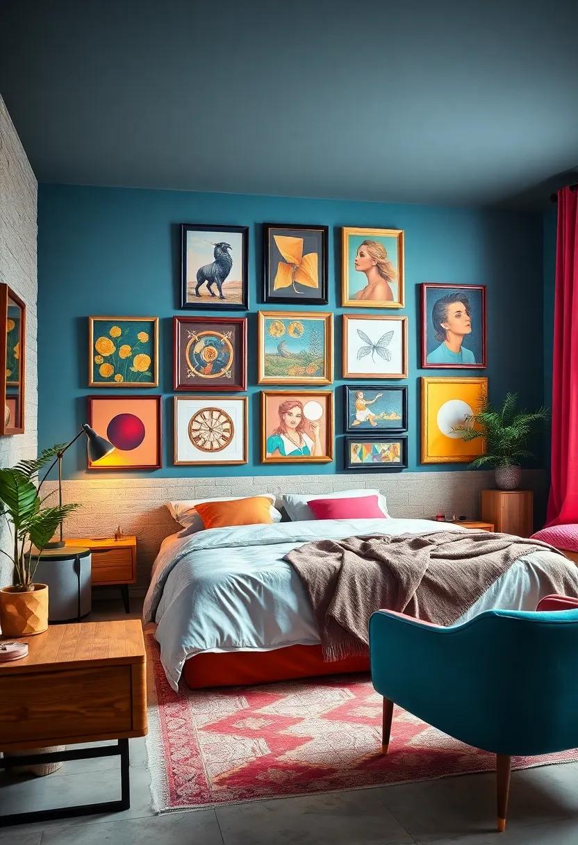 Eclectic Gallery Wall: Curate a collection of vintage art framed in bright, modern frames to add personality‍ and vibrancy to your ⁤bedroom