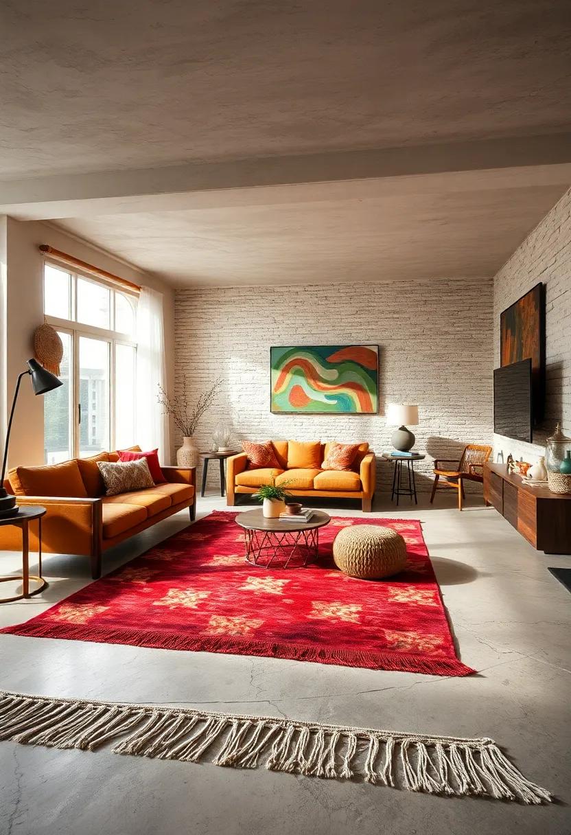 Feature a rug with fringe⁤ or tassels for a playful nod ‍to the 60s and 70s styles