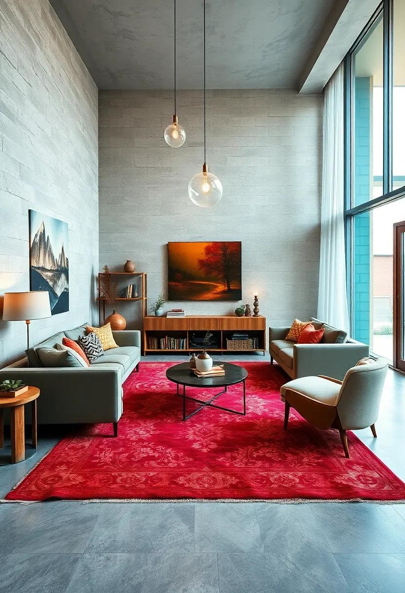 Play with contrasting colors⁢ by ⁣pairing a brightly colored rug with muted furniture to enhance visual interest