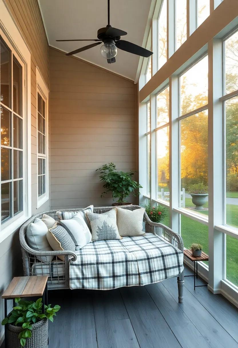A charming farmhouse porch with a cozy daybed, patchwork pillows, and expansive windows that let in the golden hour light, inviting leisurely afternoons filled with reading and relaxation