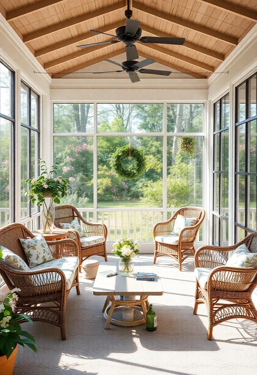 A charming cottage porch filled with floral prints, wicker furniture, and large windows that capture warm sunlight, creating a bright and cheerful space for entertaining friends