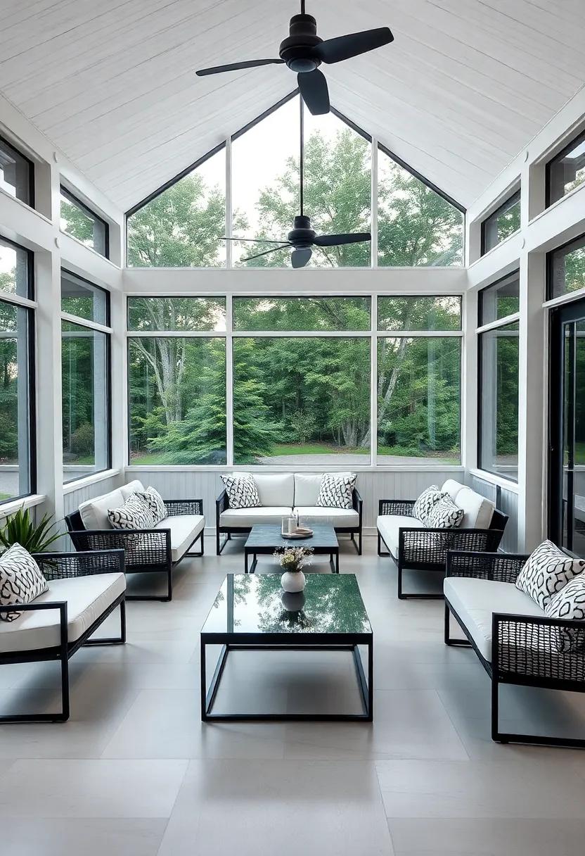 A chic modernist space designed with large floor-to-ceiling windows, sleek furniture, and monochromatic decor, creating a stylish environment to host evening gatherings