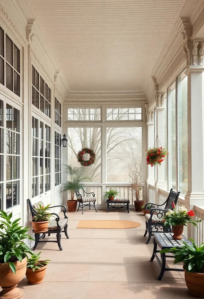 A classic Victorian porch accentuated by intricate moldings, oversized windows, and vintage accents that evoke nostalgia while providing a cozy, inviting atmosphere