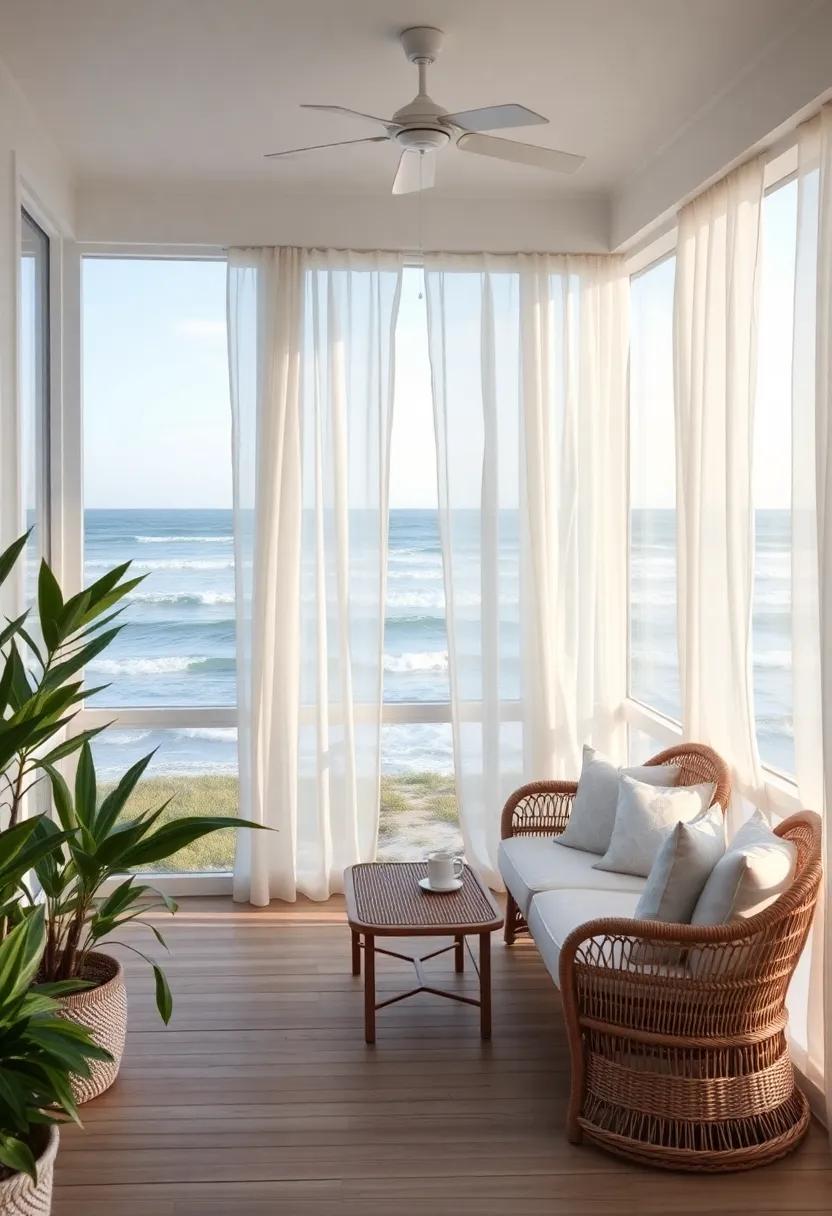 A coastal oasis featuring airy white curtains that billow softly in the ocean breeze,inviting you to enjoy morning coffee with a view of the waves crashing in the distance
