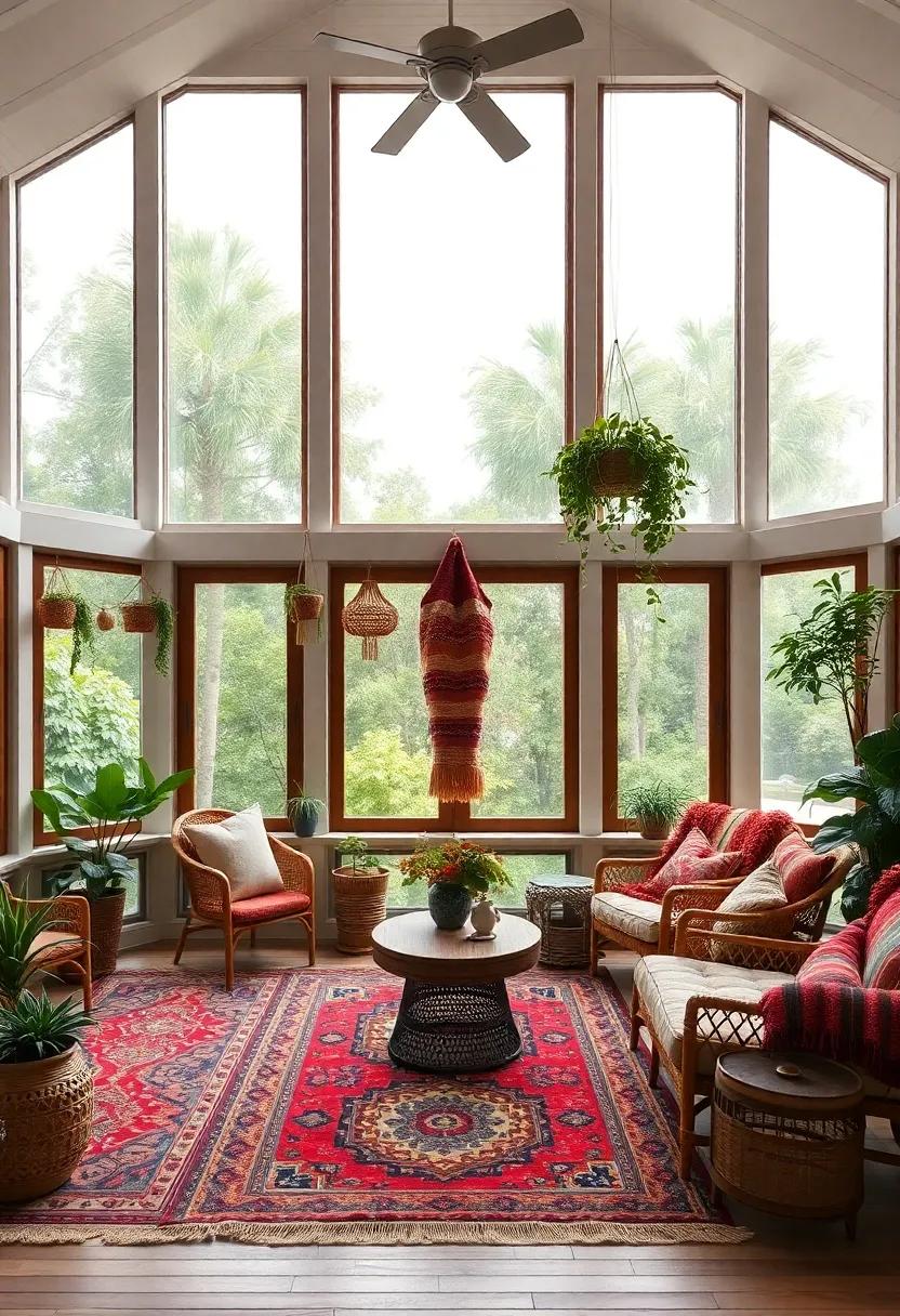 An eclectic bohemian space featuring colorful rugs, hanging plants, and expansive windows that open fully, encouraging a carefree spirit and connection to the vibrant outdoors