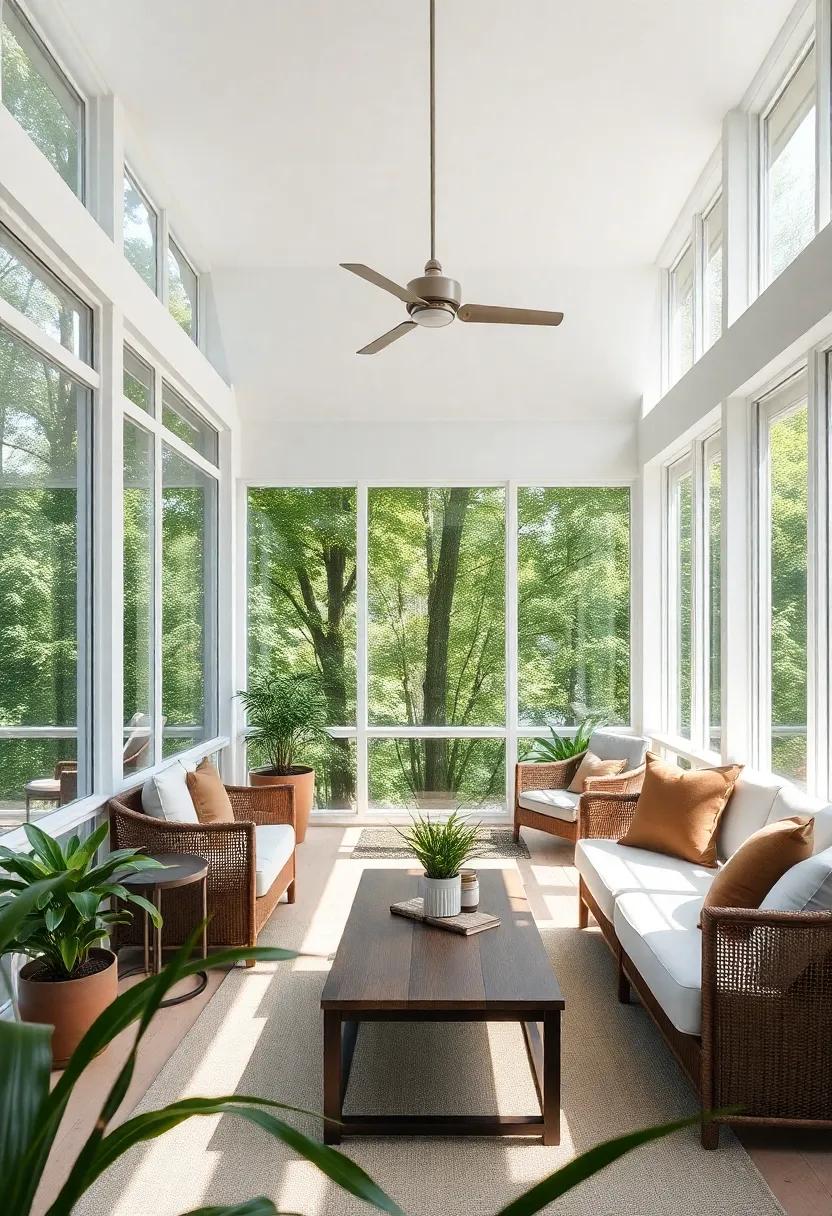 An elegant sun-drenched retreat designed with floor-to-ceiling windows that bathe the space in natural light, seamlessly connecting the indoors with the lush greenery outside