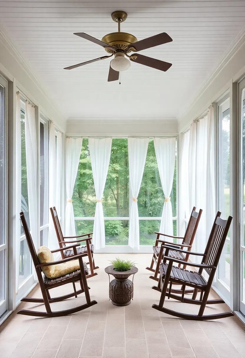 An inviting southern porch complete with rocking chairs,large windows draped with sheer linens,and a ceiling fan that creates a breezy atmosphere for sipping sweet tea