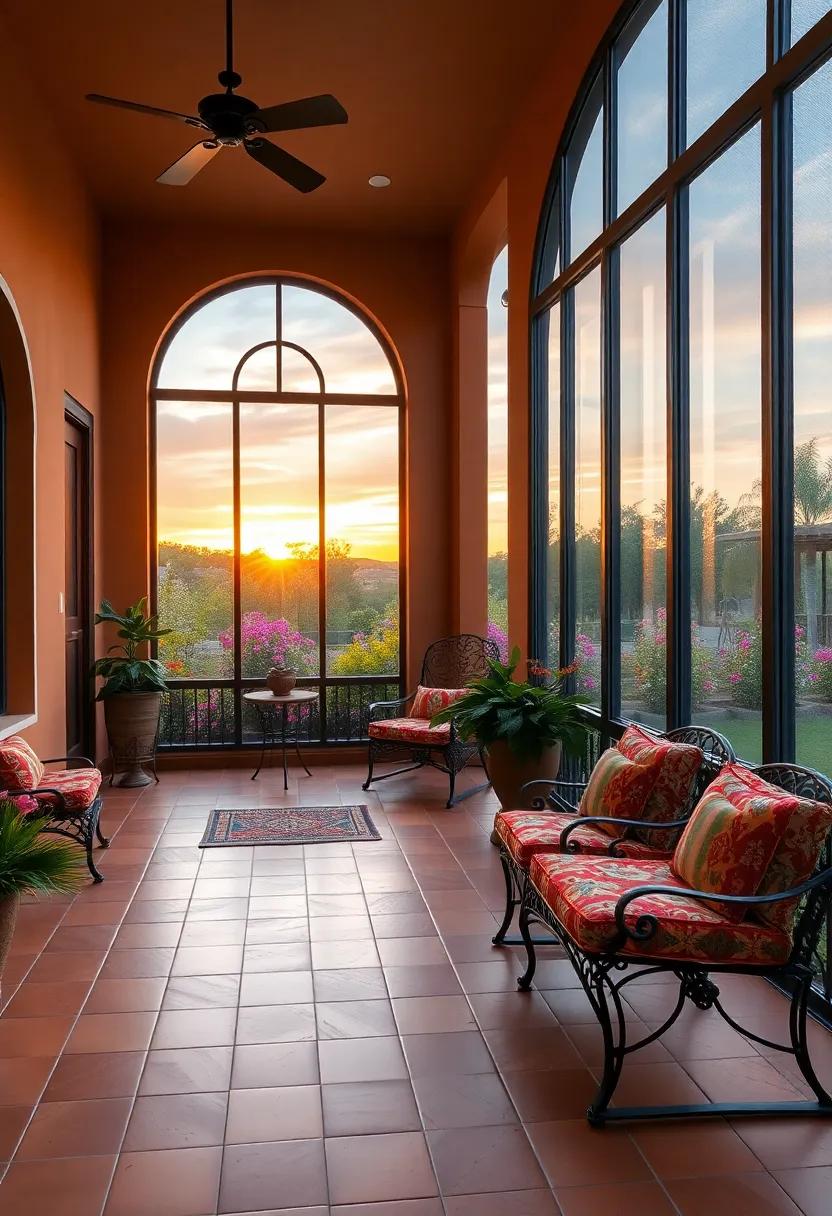 A Mediterranean screened porch adorned with terracotta tiles, vibrant textiles, and large arched windows that provide stunning views of blooming gardens and sunset skies