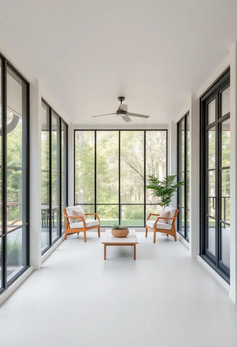 A minimalist haven characterized by sleek lines, large panes of glass, and neutral tones, creating a calm atmosphere where you can unwind and immerse yourself in nature