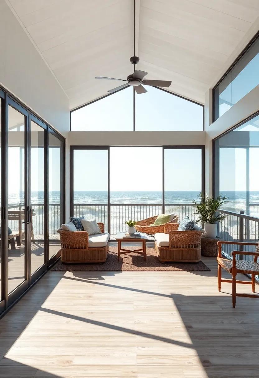 A modern beach house porch featuring large sliding windows that open fully to catch the ocean breeze, creating a seamless connection between indoor living and the sandy shores beyond