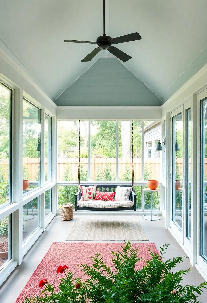 A playful backyard paradise equipped with a plush hanging swing and large windows, allowing for easy flow between indoor and outdoor fun while enjoying the surrounding gardens
