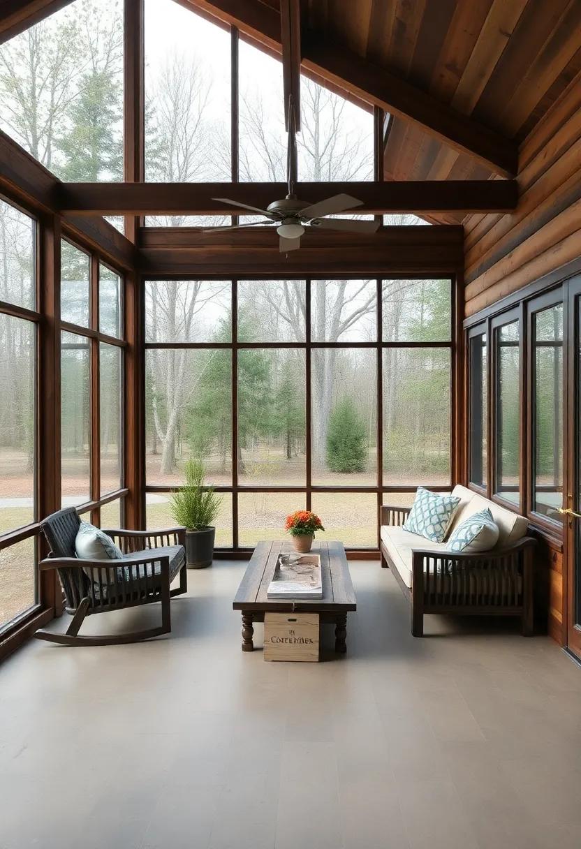 A rustic cabin screened porch adorned with reclaimed wood beams, oversized windows, and vintage furniture, creating a perfect blend of charm and comfort for those cozy evenings
