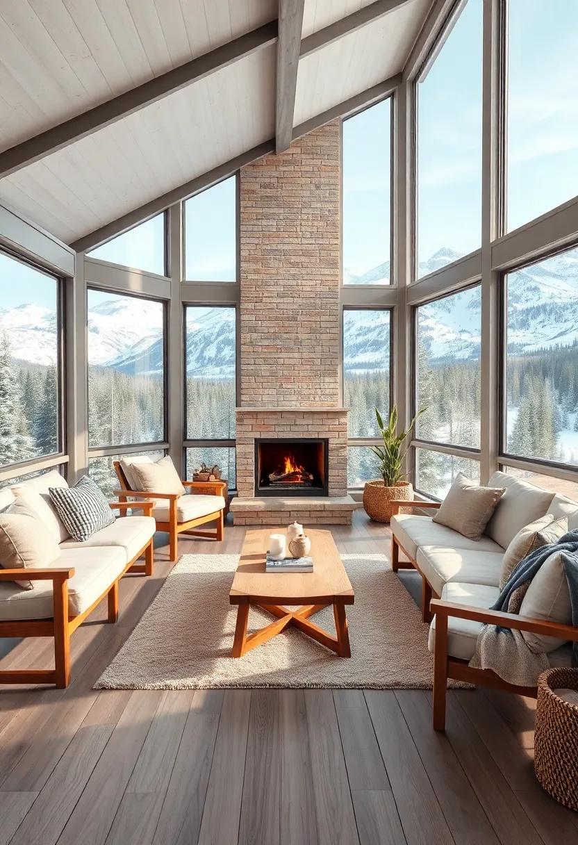 A Scandinavian-inspired retreat with simple yet stylish furnishings, large windows that frame picturesque snow-capped mountains, and a warm fireplace for chilly evenings