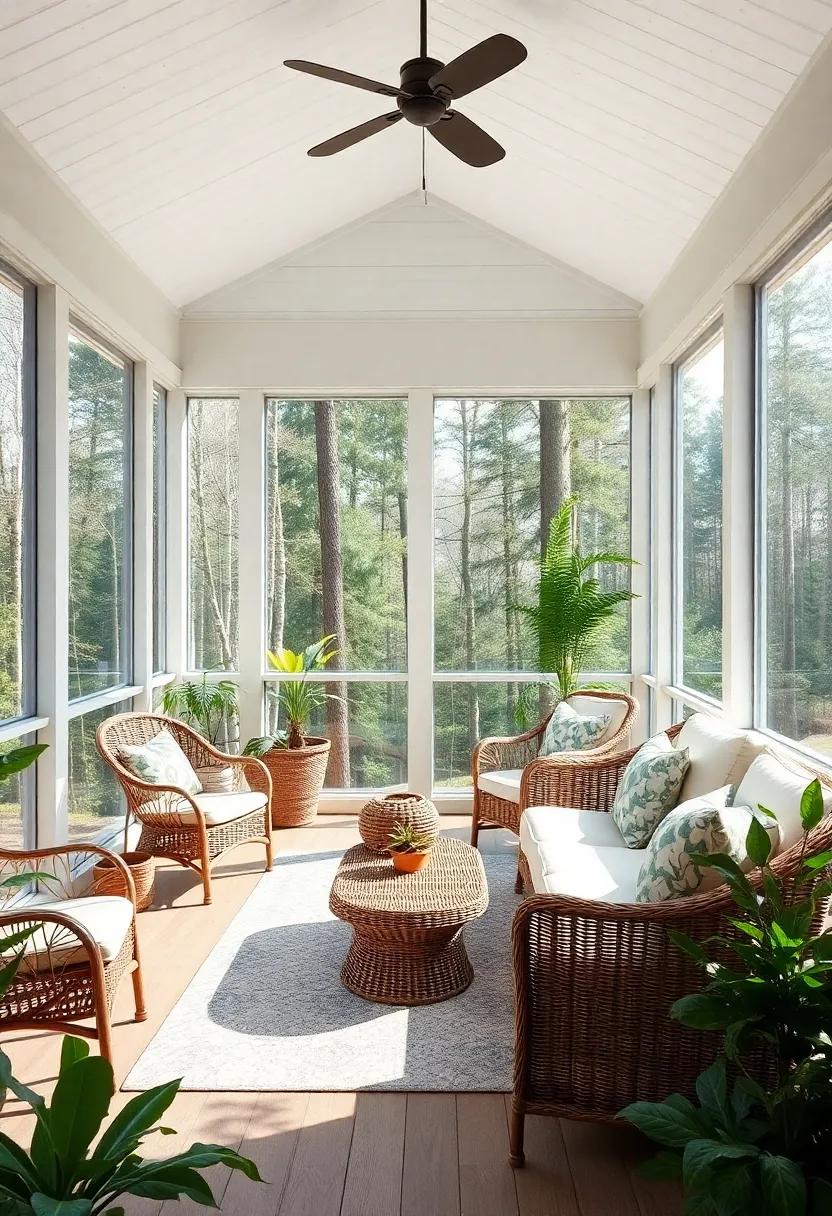 A serene nature-inspired screened porch featuring botanical accents, wicker furniture, and large windows that open to breathtaking forest views, ideal for anyone seeking tranquility