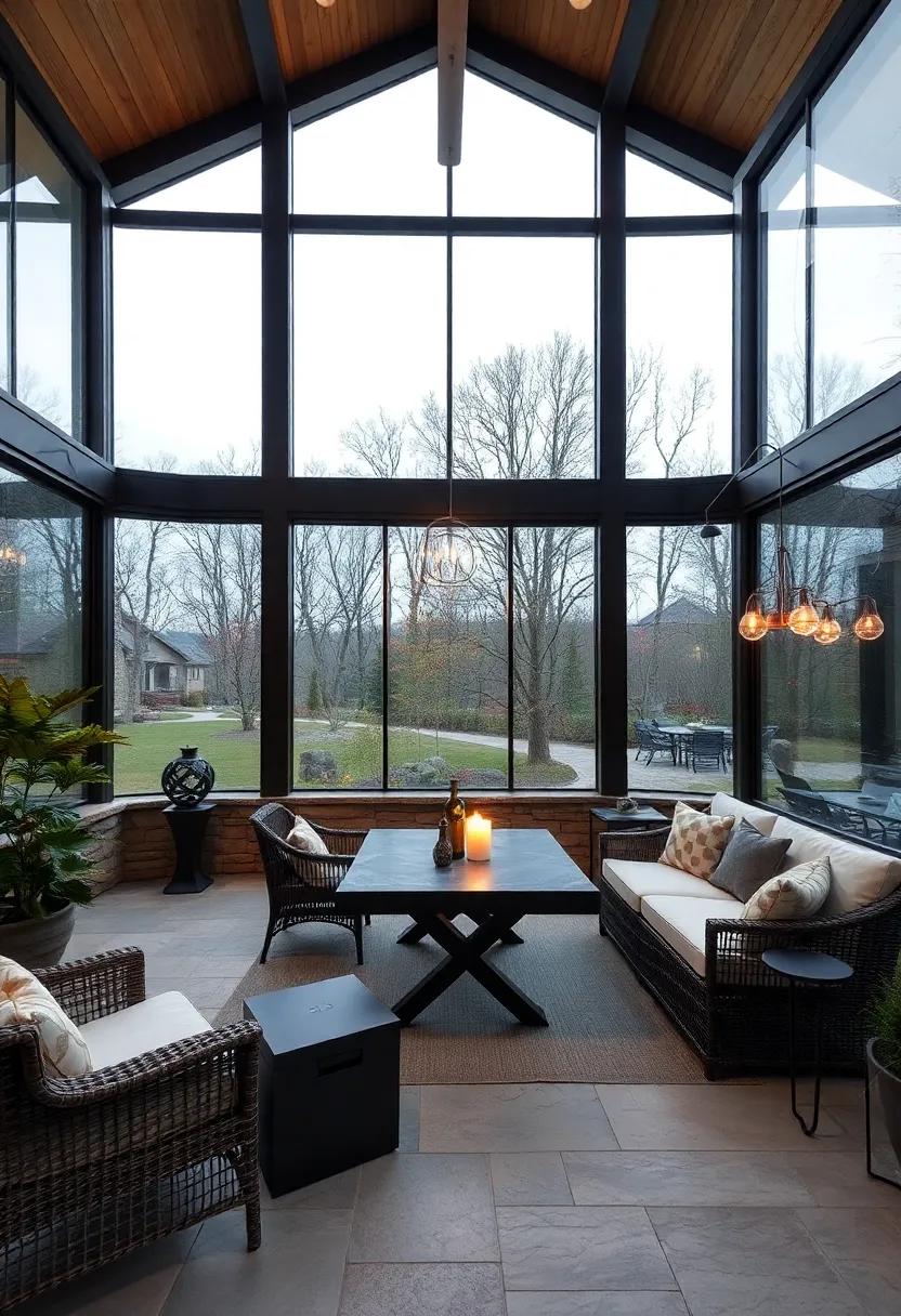 A spacious contemporary screened porch that combines large glass panels with natural stone elements, providing a luxurious setting for outdoor dining and evening soirees