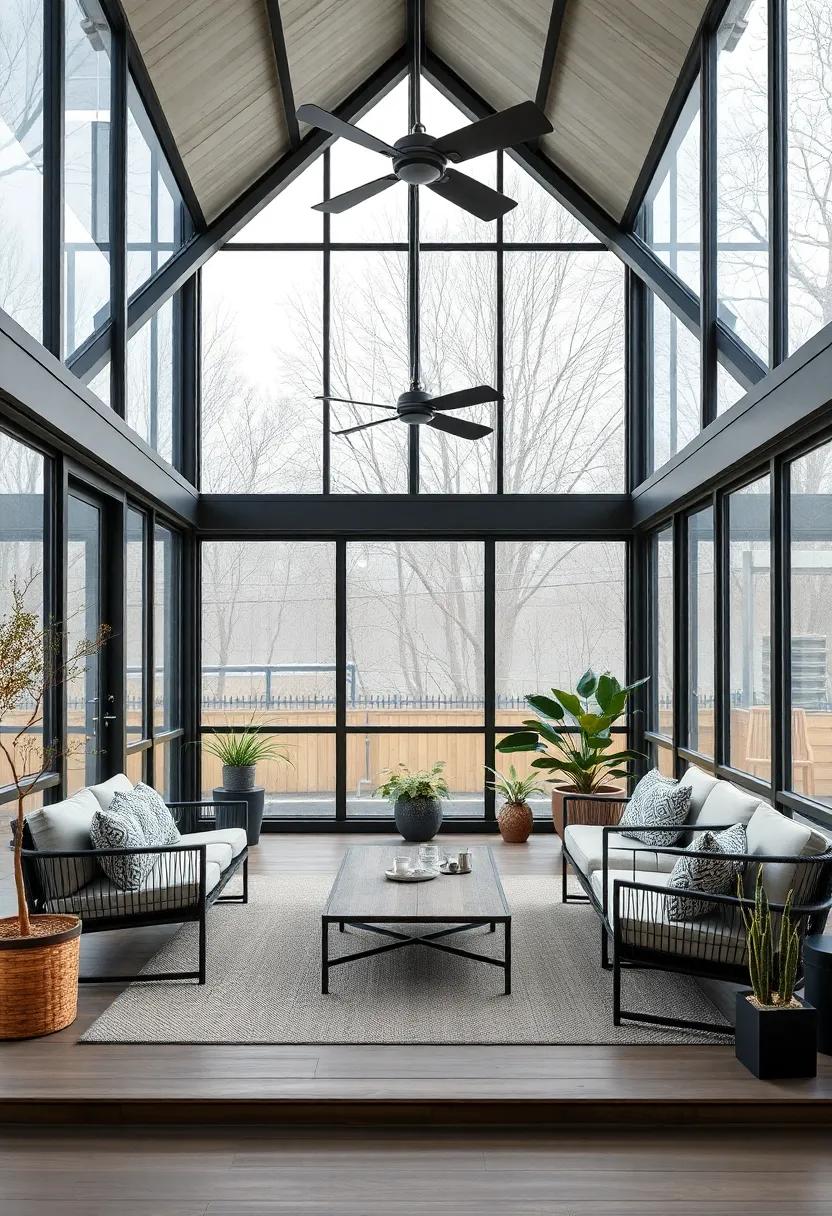 A stunning industrial-style screened porch featuring large factory windows, minimalist furnishings, and a blend of metal and wood accents, ideal for the modern urban dweller