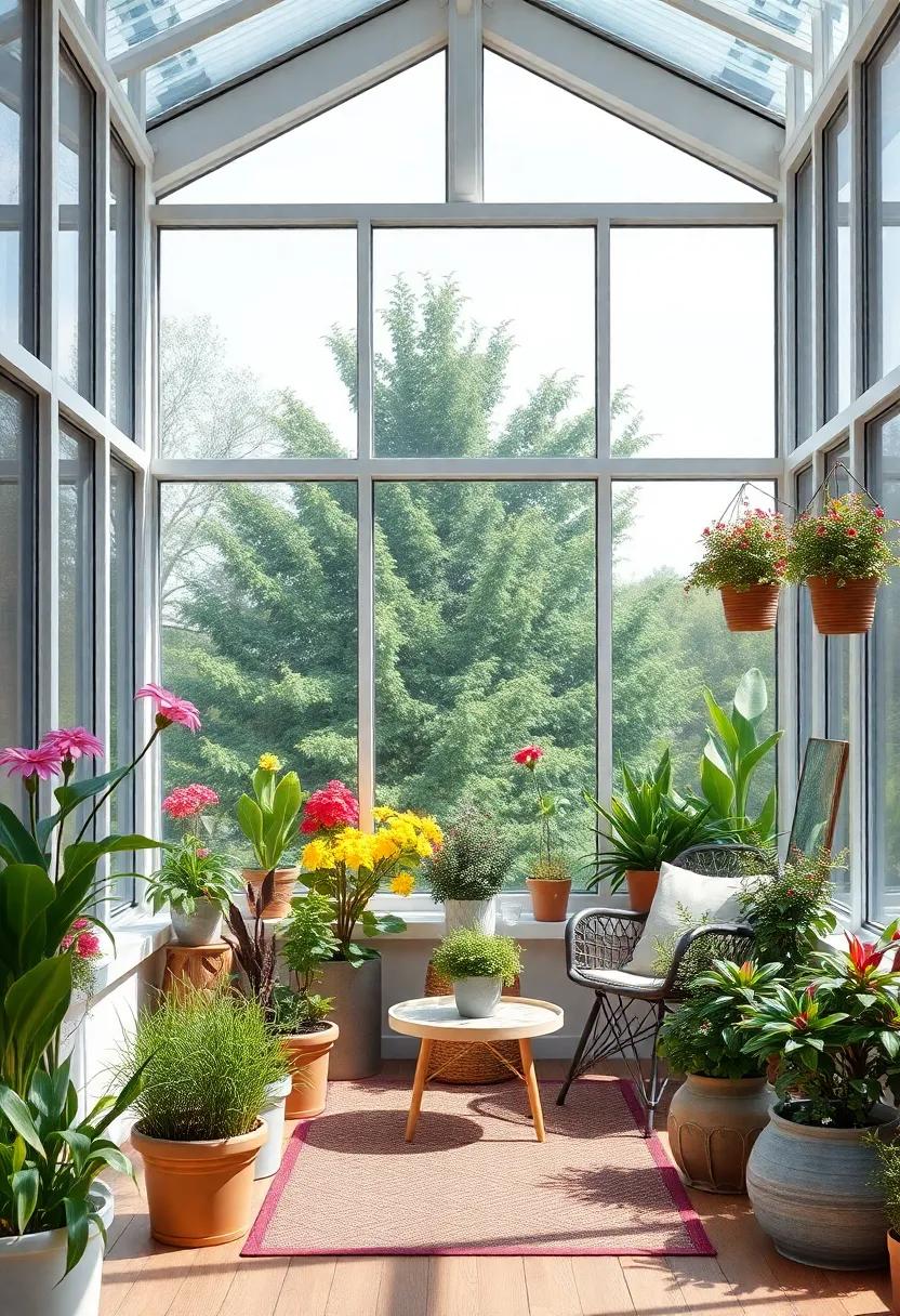 A stylish art-filled porch boasting large windows framed by vibrant plants, where creativity flourishes and inspiration flows during long afternoons spent painting or crafting