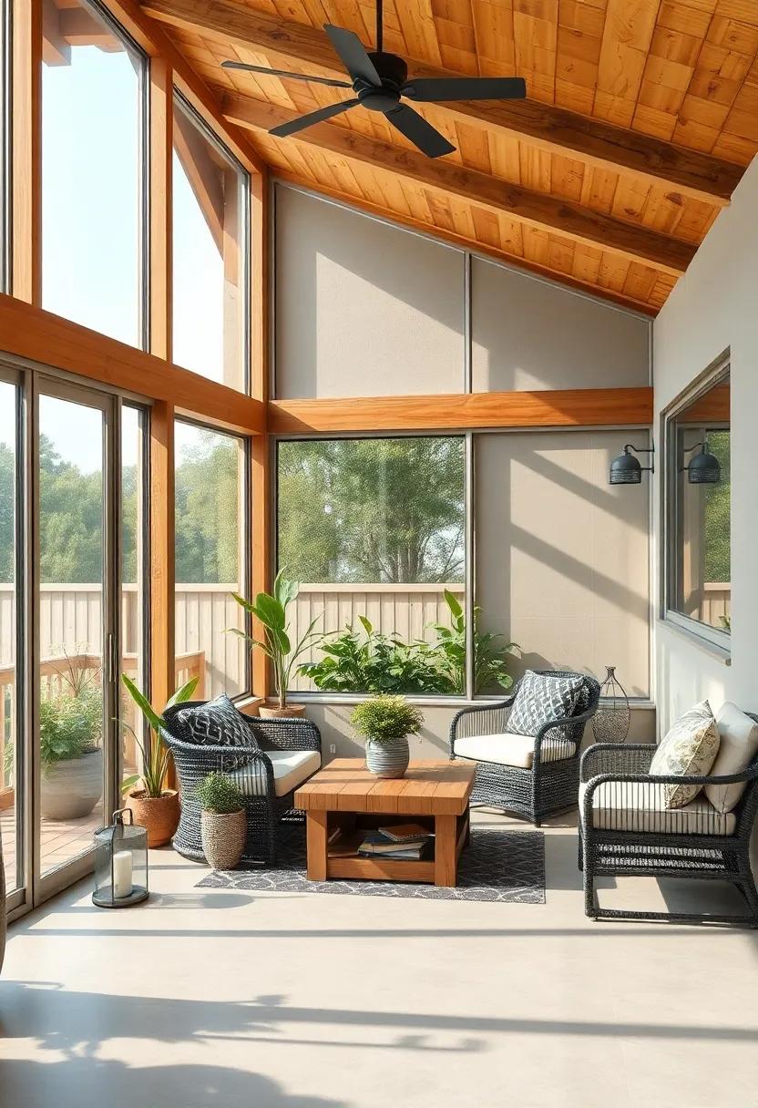 A sustainable screened porch featuring reclaimed materials, large eco-friendly windows, and a rooftop garden, blending style with eco-conscious living for a modern touch