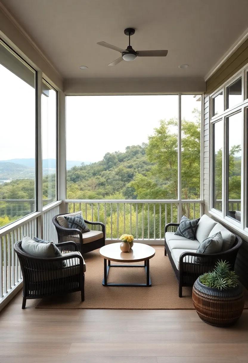 A tranquil hillside retreat with panoramic views framed by expansive windows, comfortable seating, and soft lighting, creating a dreamy escape for unwinding and savoring nature