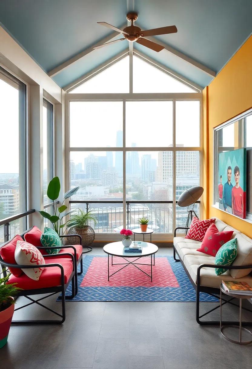 A vibrant urban escape showcasing colorful decor, modern furnishings, and expansive windows that frame the city skyline, perfect for both casual lounging and chic entertaining