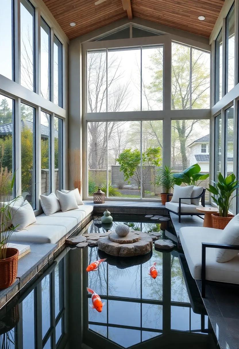 A Zen-inspired retreat with large windows that overlook a tranquil koi pond, soft bamboo accents, and plush seating, offering a peaceful space for meditation and reflection