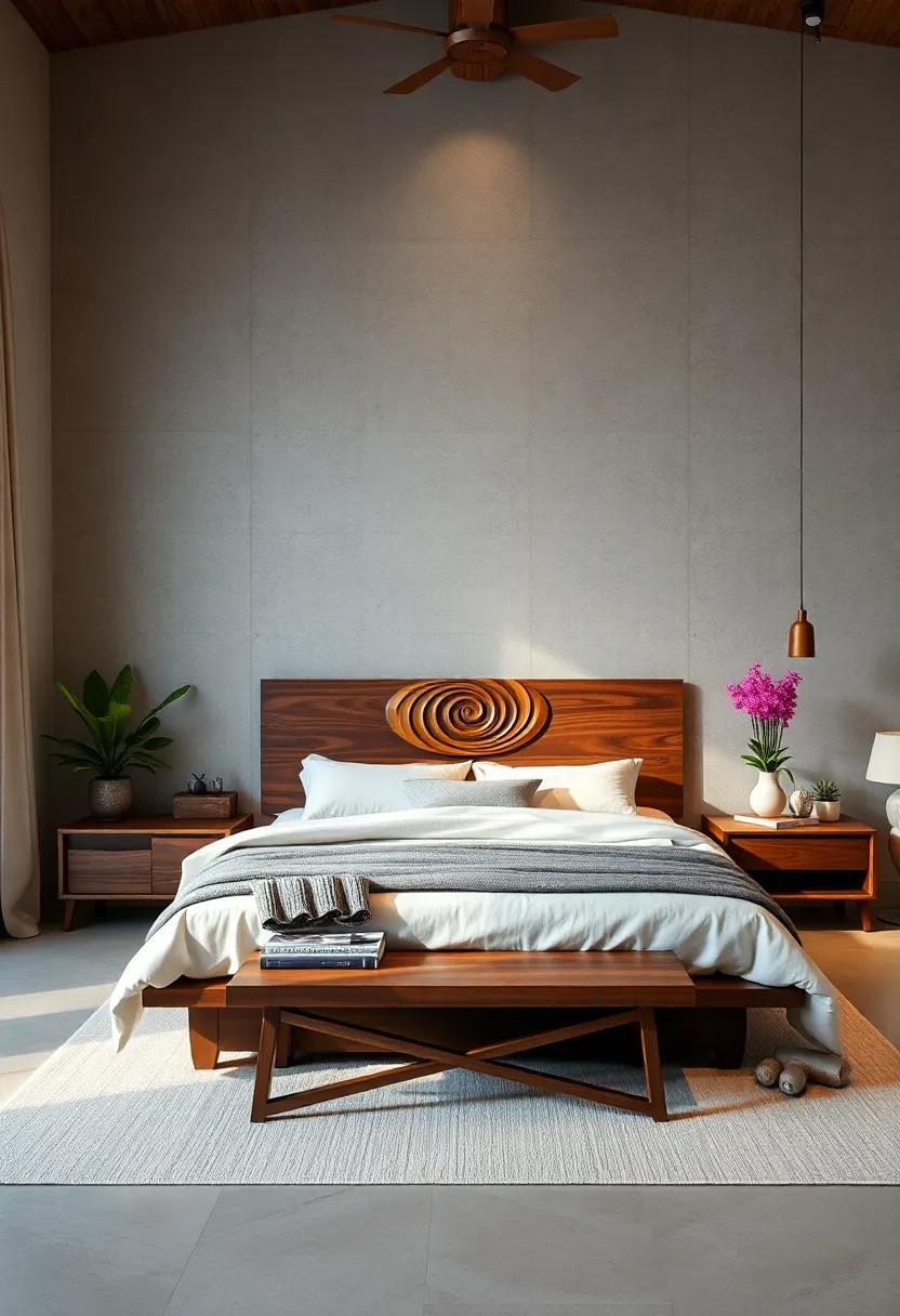 Introduce a wooden headboard adorned with unique carvings or patterns, making it a striking ⁢focal point ‌in your bedroom