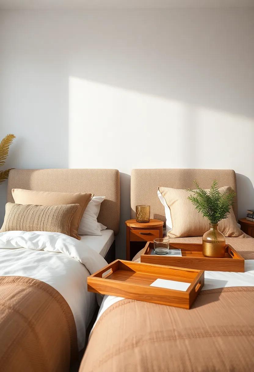 Utilize⁢ wooden trays on bedside tables⁢ to organize small essentials while infusing rustic⁣ style into your⁢ nightstand setup