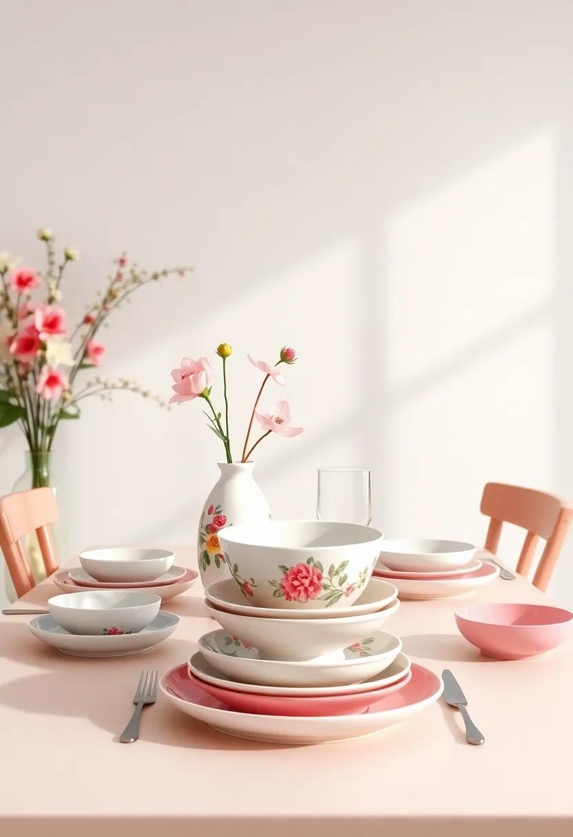 Embrace Colored Dishware: Use floral-themed dishware in lively colors that mirror springtime blooms​ for ​a cheerful dining experience