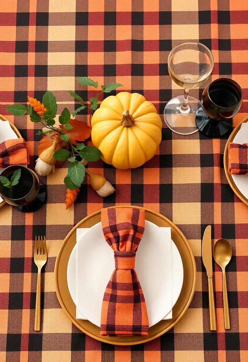 Cozy plaid: Incorporate plaid tablecloths or napkins in warm colors to achieve a cozy, homespun feeling that invites warmth and togetherness