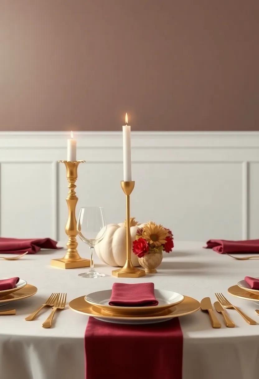 Elegant Gold Accents: Elevate your table with shimmering gold flatware and candle holders, paired⁢ with deep burgundy table linens for a touch of luxury