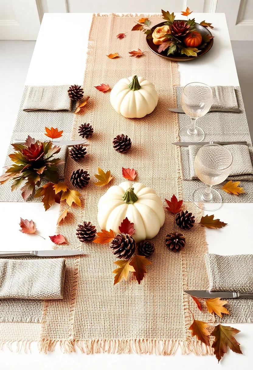 Rustic Charm: Embrace nature​ with​ a ‍table adorned with burlap runners, ⁤pinecones, and seasonal leaves for an‌ earthy ambiance