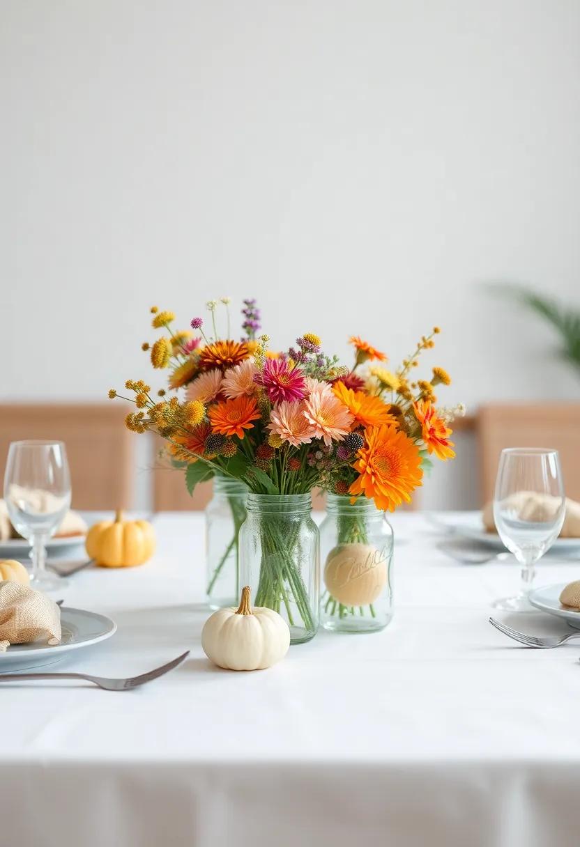 Whimsical Centerpiece: Create a playful atmosphere with ‌a quirky centerpiece that features mini pumpkins and colorful wildflowers in mason jars