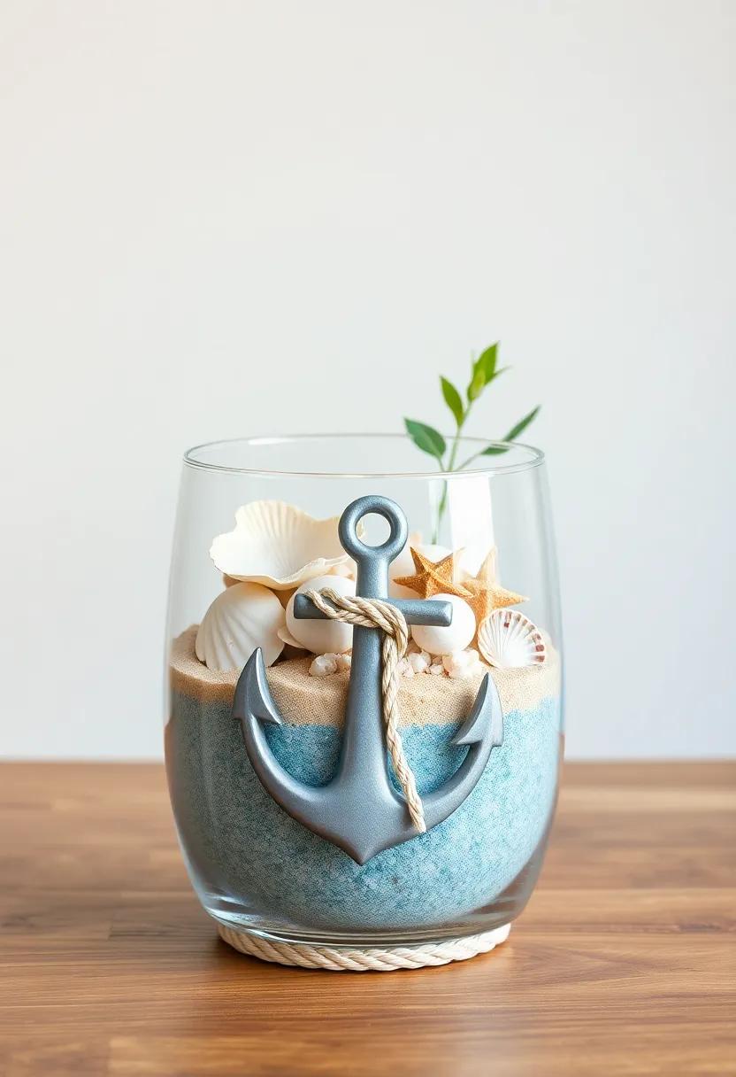 Design‍ a unique table centerpiece featuring a clear vessel filled with sand, seashells, and a sailor’s knot anchor