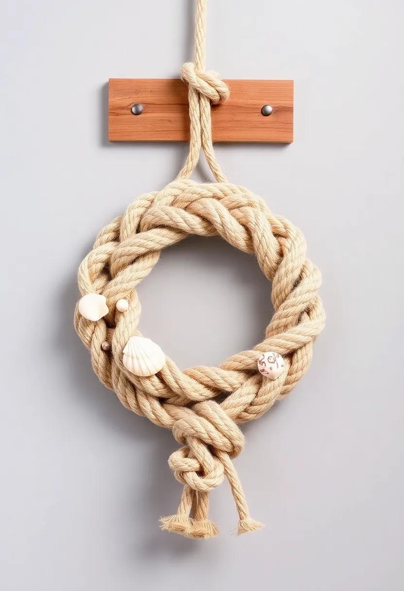 Craft a sailor's knot wreath ⁢using rope and natural elements​ like seashells​ and driftwood for a charming entryway‌ decor