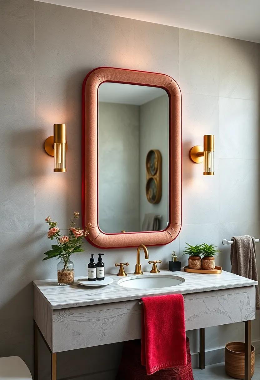 Refined Vanity Mirror: Frame your bathroom mirror with velvet accents‍ or‌ a soft velvet border, instantly drawing⁢ the ⁤eye and elevating the overall aesthetic