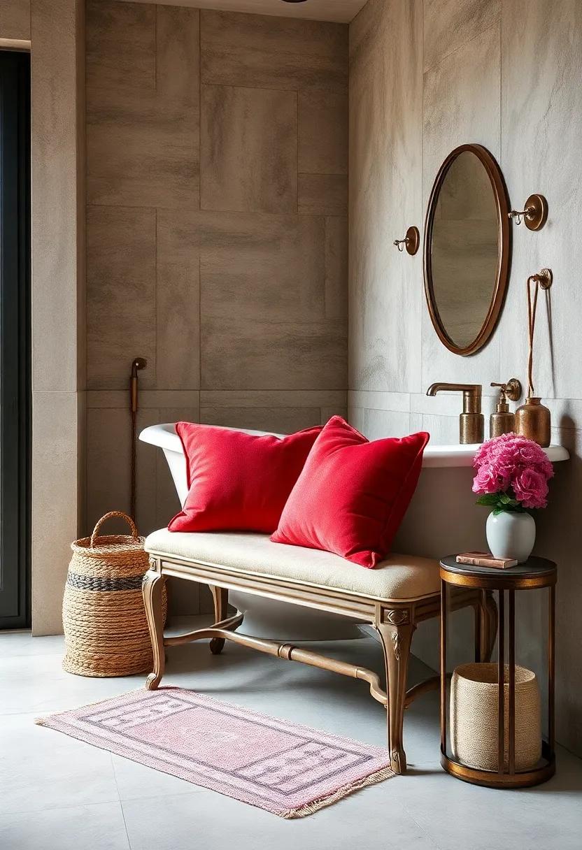luxe Accent Pillows: Add ​softness with velvet accent ⁢pillows on a ‍vintage bench ‍or chair, instantly ‍refining your bathroom's atmosphere and inviting relaxation