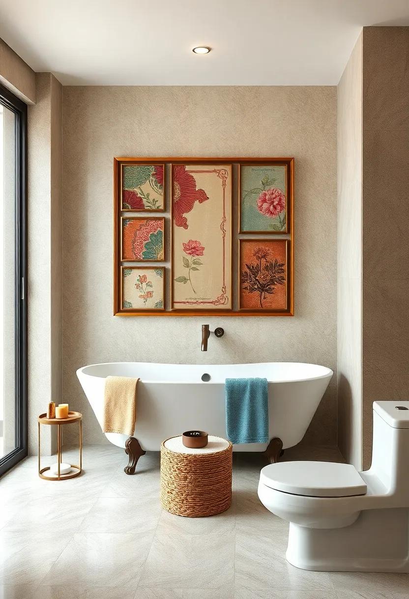 Velvet Wall ‍Art: Frame small pieces of vintage fabric with velvet accents as ​art to create a unique gallery wall that celebrates textile⁢ beauty in your bathroom