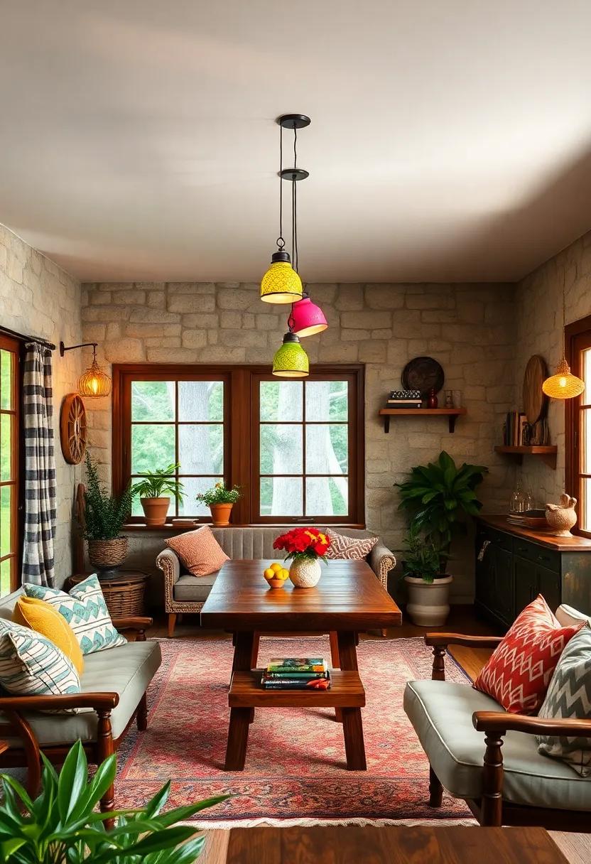 The Quirky Cottage:​ Nestled ​in the woods, this ‌charming ‌vintage cottage showcases whimsical pendant lights that resemble hanging flower pots, bringing a burst of color to its rustic decor