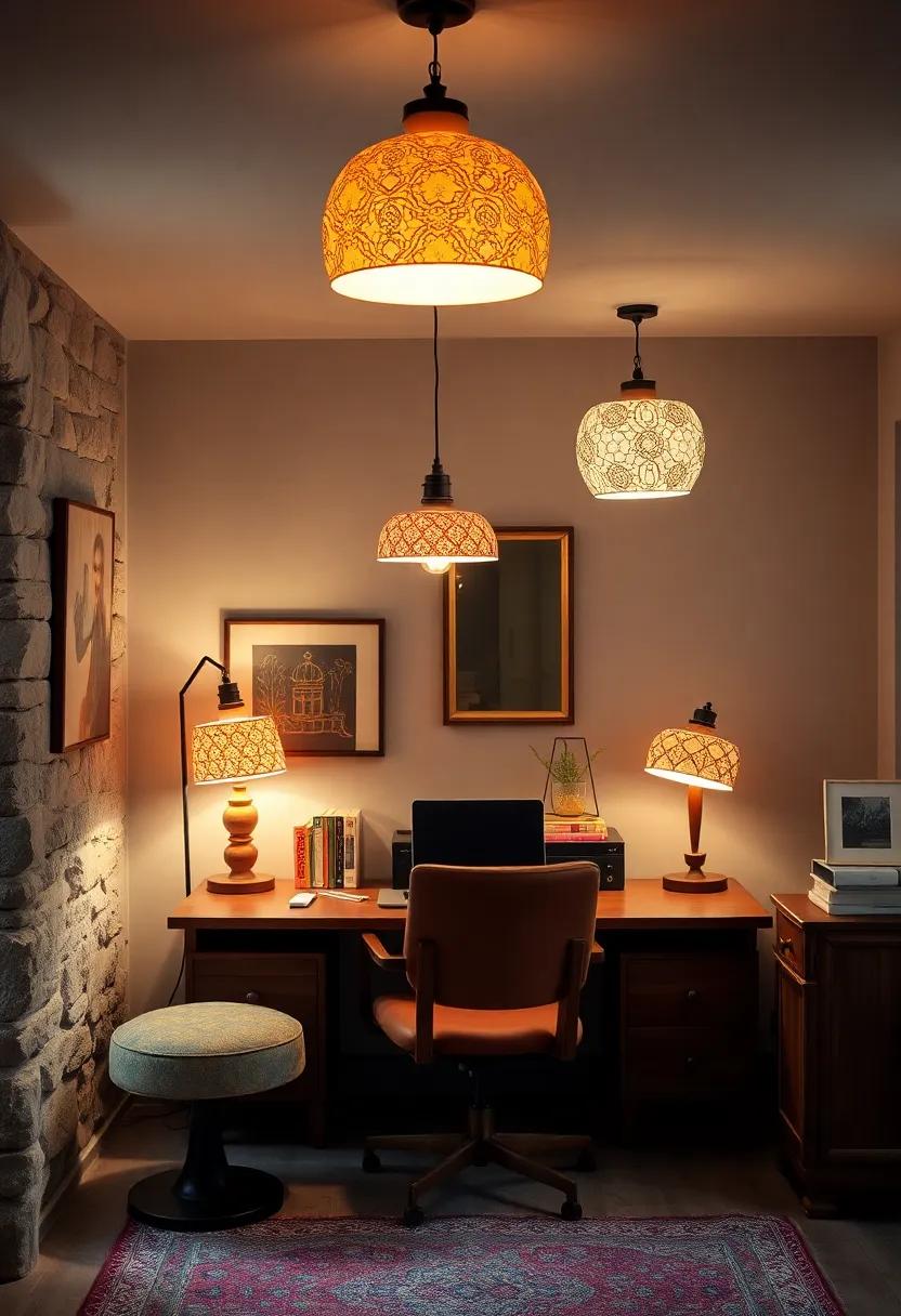 Playful‍ Patterns: A vintage home office features whimsical,‍ patterned lampshades‍ that ‍add character and⁢ cheer, making work ‍feel ⁤a little more like play