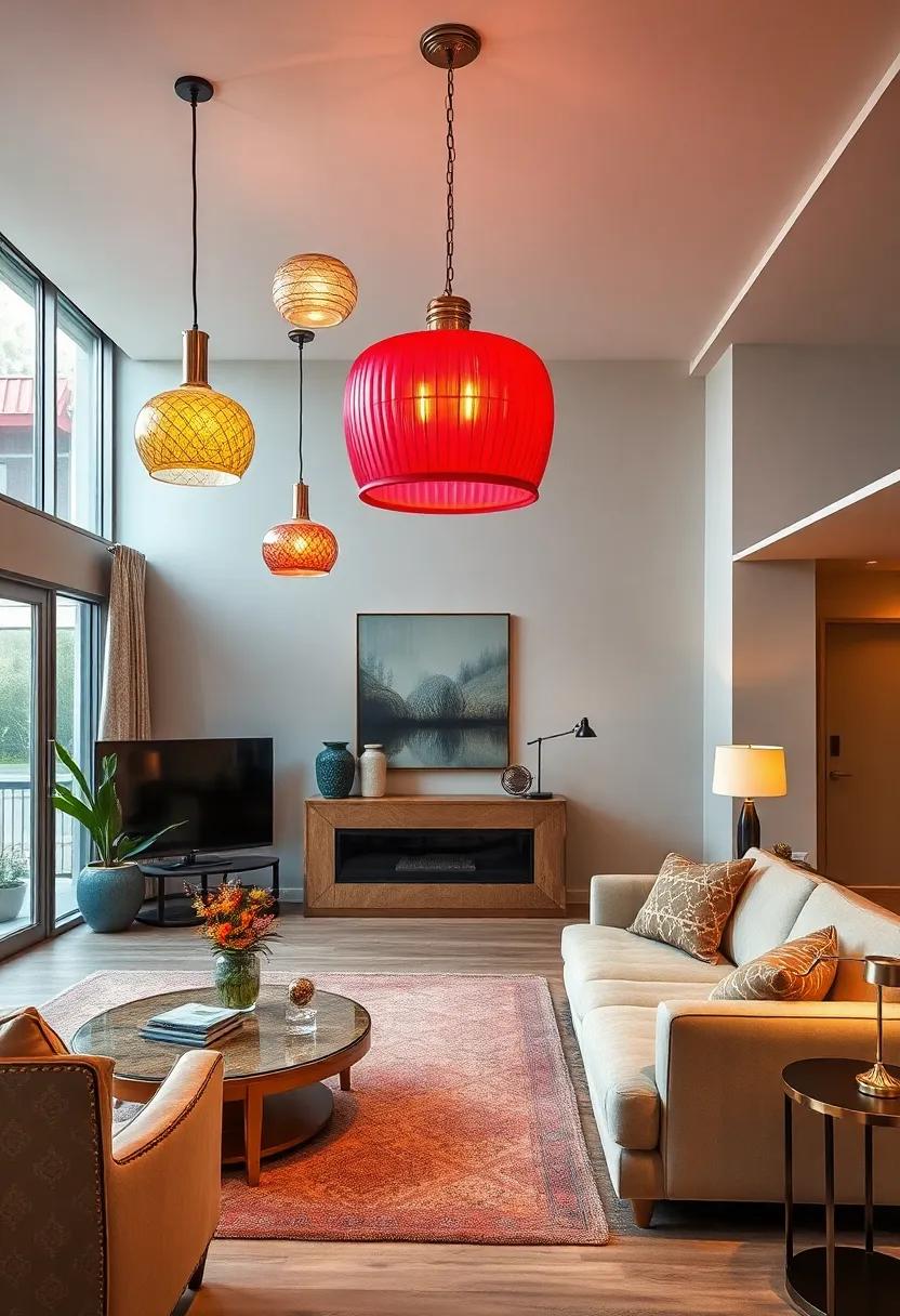 Retro Glam: An Art Deco-inspired living⁣ room flaunts audacious ‍lighting fixtures crafted from polished metals and bold colors, reflecting the glitzy⁤ aesthetics of the roaring ‌twenties