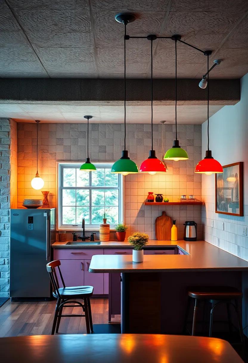 Retro Diner Delight: A 1950s-inspired kitchen showcases colorful‌ diner pendant lights, adding a playful touch ​to the⁣ cooking space and transporting you back to a bygone era