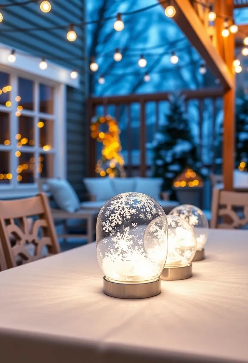 Incorporate LED snow globe lights on tables for a playful centerpiece idea