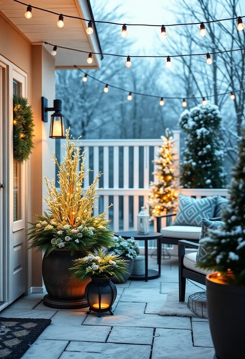 Add illuminated planters with winter greens to brighten your patio while keeping it seasonal