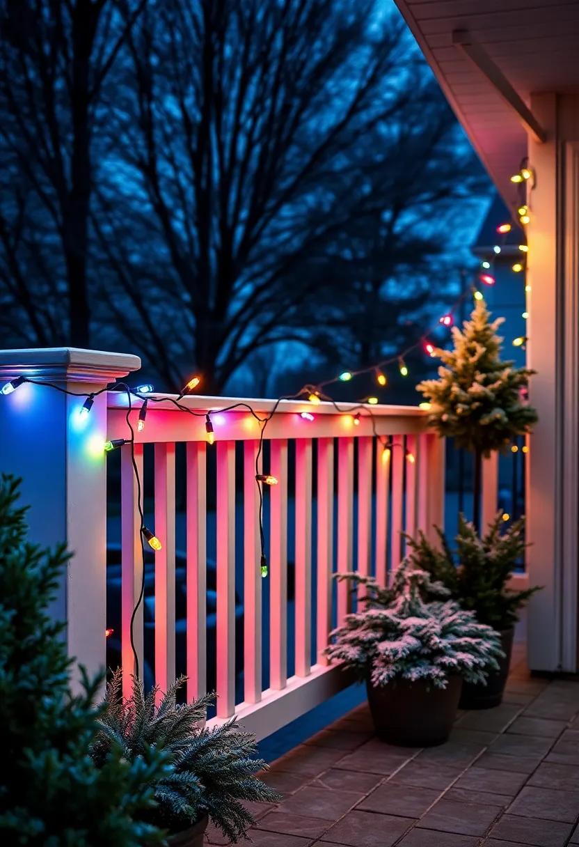 Drape colorful string lights across the patio railing to create a warm, inviting ambiance