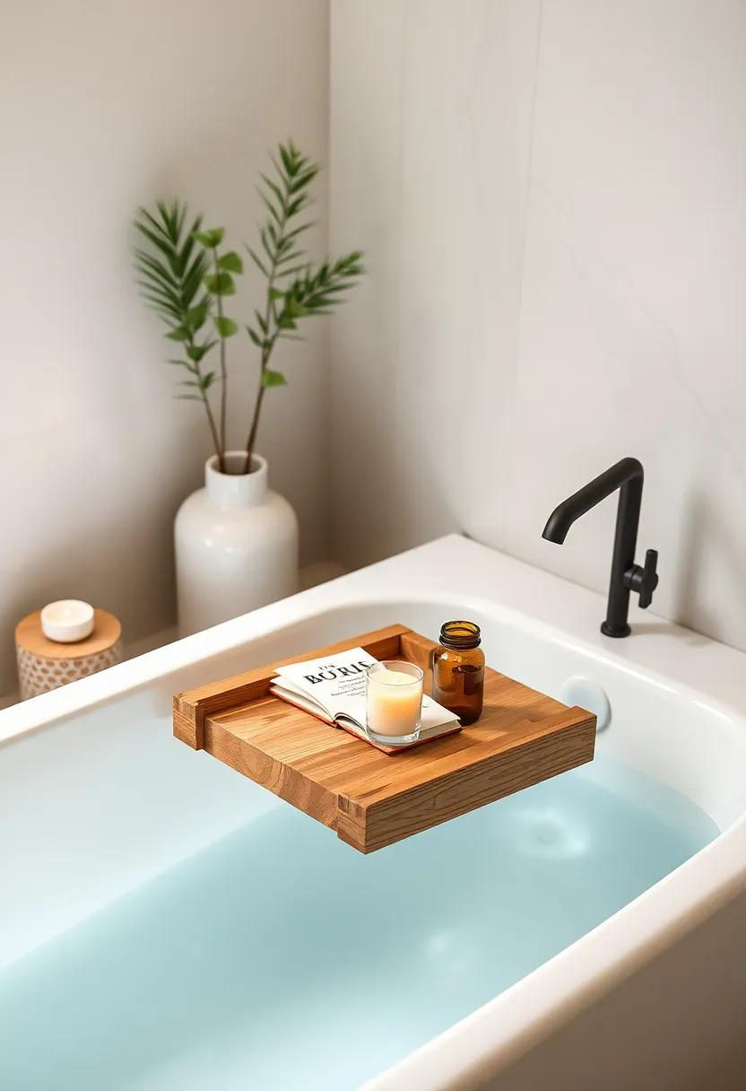Bath Caddy: ⁢Use a wooden‍ bath⁣ caddy to hold your⁢ favorite book, a⁤ candle, or a glass of tea while soaking