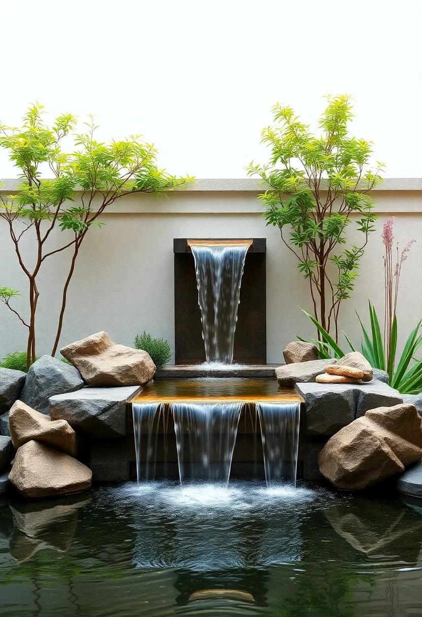 Zen Waterfall: Install a‌ small waterfall ⁤feature that ​cascades gently, offering ⁢both visual appeal and the peaceful⁢ sound of trickling water