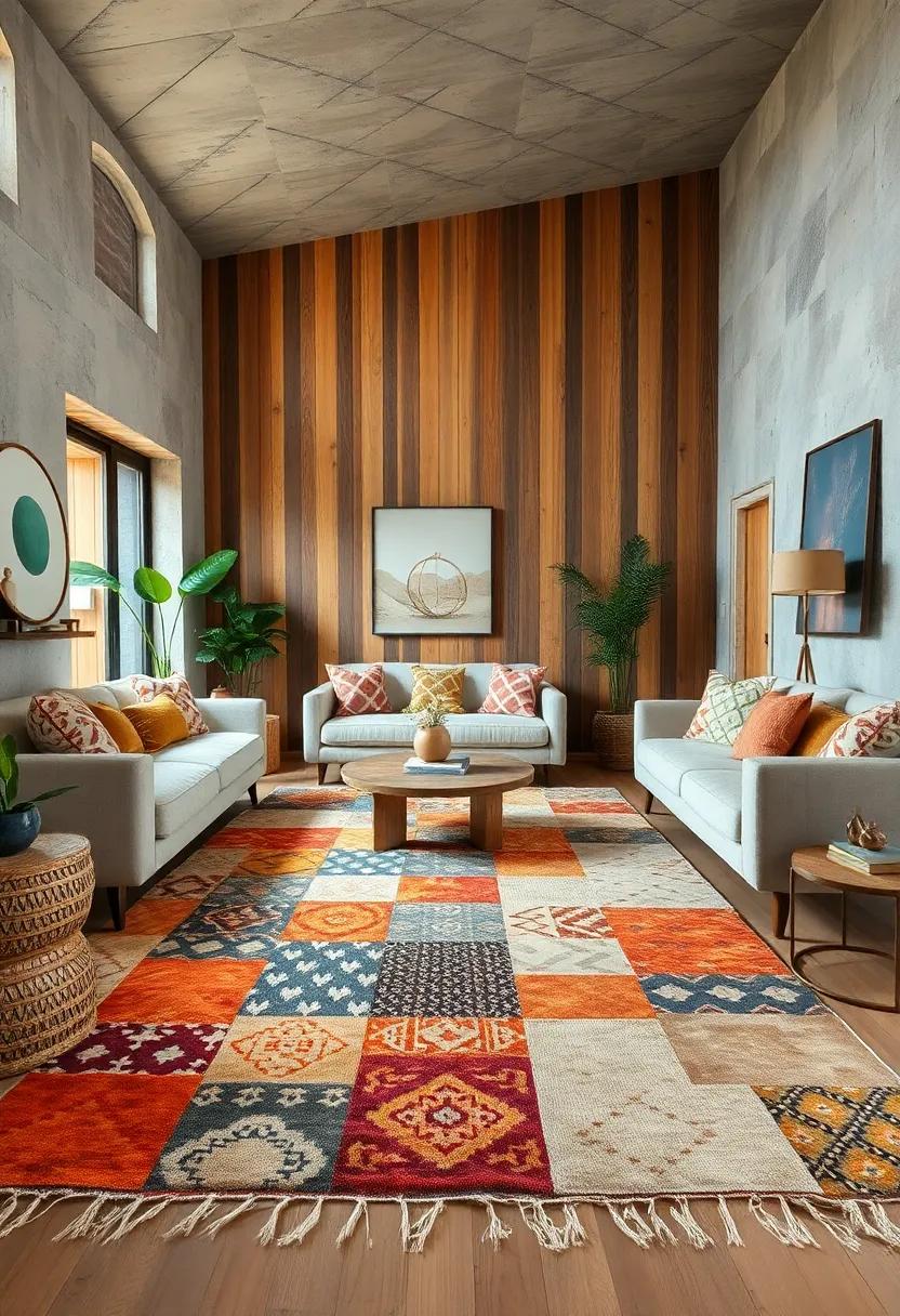 A vibrant ⁤patchwork ⁤rug featuring ‌earthy tones to‌ anchor the space and add ⁢warmth underfoot