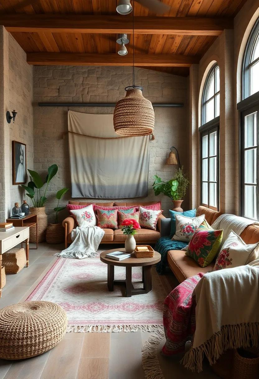 Layered textiles, including colorful⁣ throws and embroidered pillows, to create a cozy, inviting environment